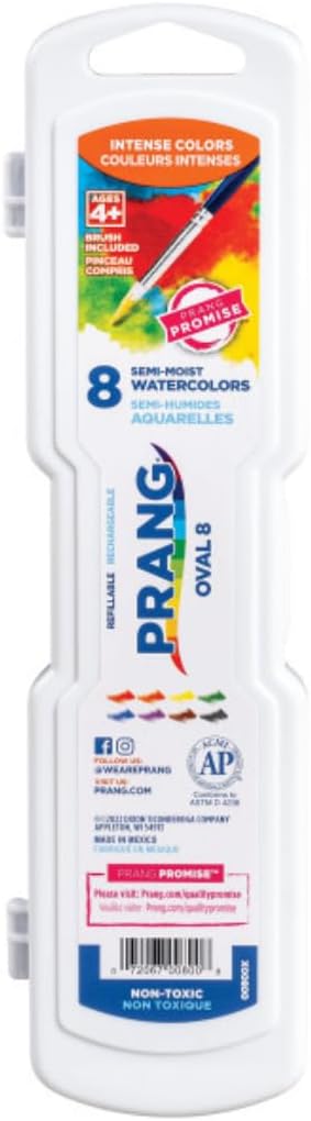 Prang Semi-Moist Watercolors 8-Color Oval Pan Set, Pack of 6 | Refillable, Wax-Free Pigments, Mixing Tray in Lid, Size 6 Paintbrush Included