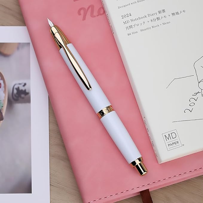 erofa Majohn A1 Press Fountain Pen Fine Nib with Box, Retractable White Metal Ink Pen with Converter Writing Set (Golden Clip Version)