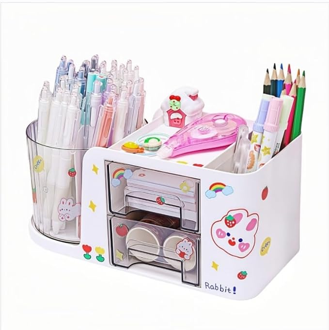 Desk Organizer with 2 Drawer, 360°Rotating Pencil Holder for Desk, Office organization, Desk accessories for women with 5 Compartments for School, Home, Office Supplies, Includes Cute Sticker (White)