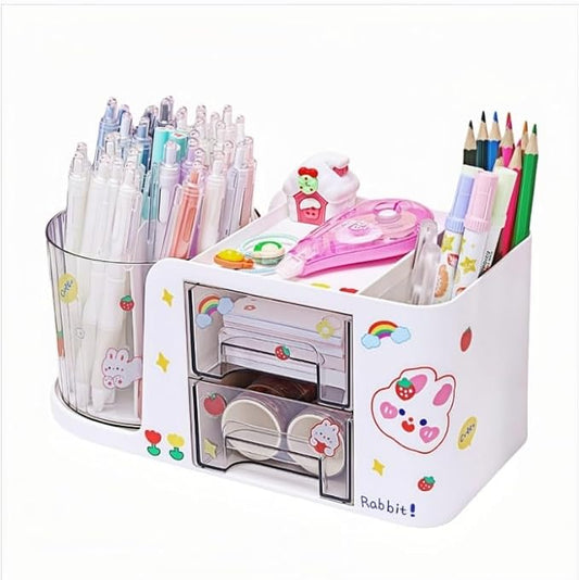 Desk Organizer with 2 Drawer, 360°Rotating Pencil Holder for Desk, Office organization, Desk accessories for women with 5 Compartments for School, Home, Office Supplies, Includes Cute Sticker (White)
