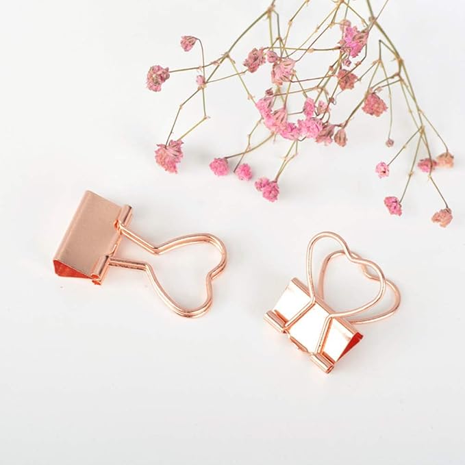 Rose Gold Metal Binder Clips with Heart Shaped Handle, 0.74" Foldback Clips, 12 Pcs