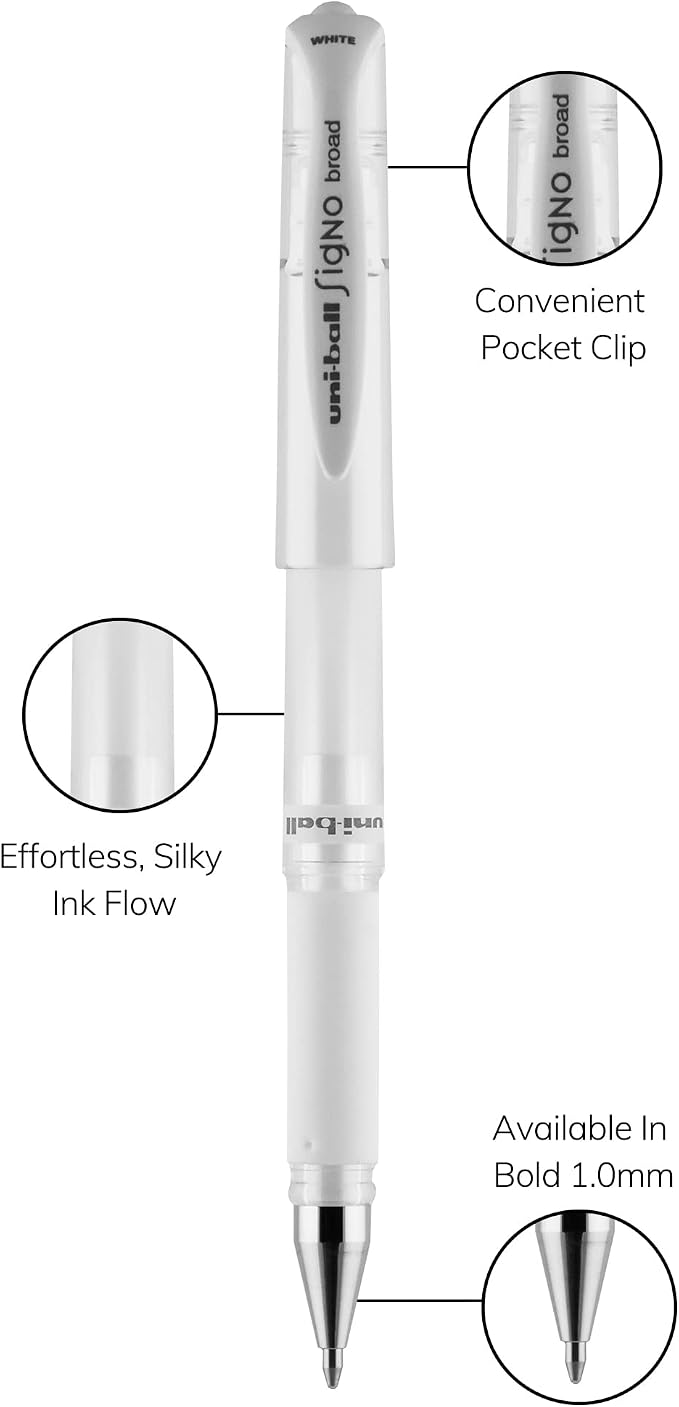 uniball Signo Gel Impact Pens, Bold Point (1.0mm), White Metallic Ink, 3 Pack