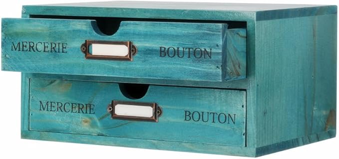 Small Wooden Drawers Wooden Box with Drawer Blue | 2 Drawer Storage Box for Apothecary Cabinet, Apothecary Drawers，Desktop Organizer with Metal Handles for Office，Home