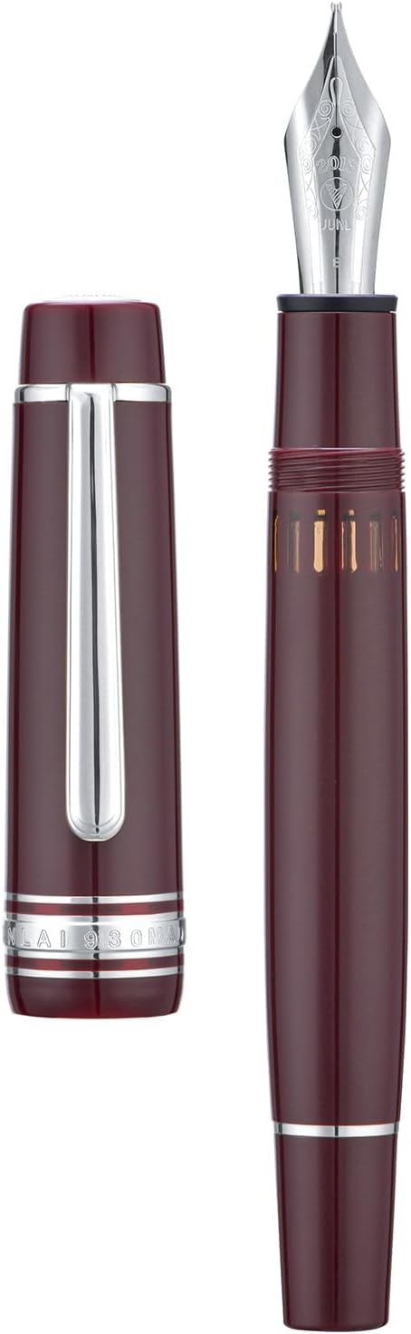 Wikult Yongsheng Junlai 930 Acrylic Fountain Pen, Size 9 Medium Nib with Piston Filling System, Wine Red Fence Ink Tank with Flat Top Design Smooth Writing Pen (Silver Trim)