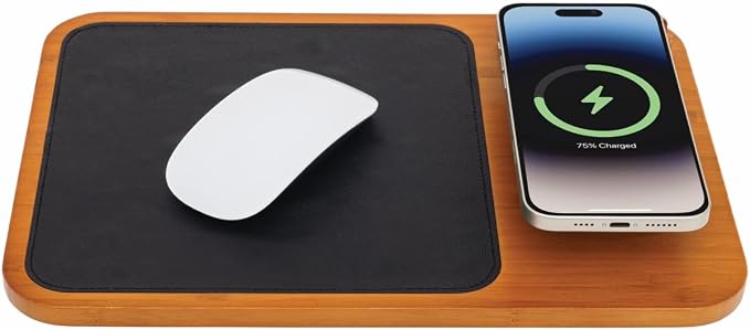 Oliver Gray Mousepad with Wireless Charger - 3-in-1 Wooden Wireless Charging Station & Phone Holder, Premium Vegan Leather Desk Charger Mat for iPhone, Android