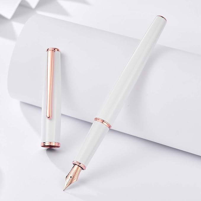 Hongdian 920 White Fountain Pen, Rose Gold Plated Medium Nib Smooth Writing Pen, Classic Pen with Ink Converter