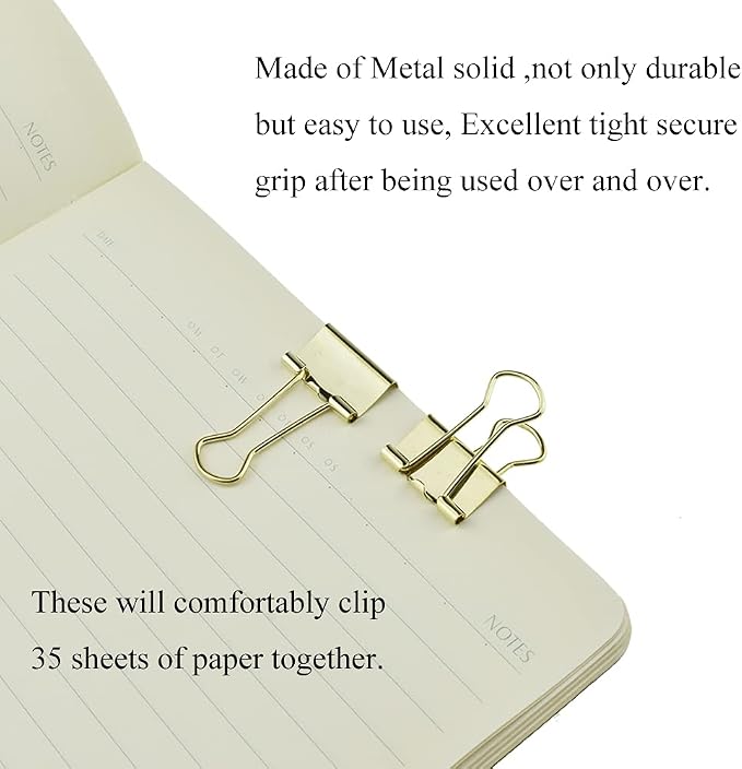 HAHIYO Binder Clips Paper Clamps Spring Steel Sturdy Small 0.75 inches Width 0.2 Inch Capacity No Sharp Edges Heavy Duty Tight Grip Reusable Gold Metal Bright Finish for Home Office School 30 Pack