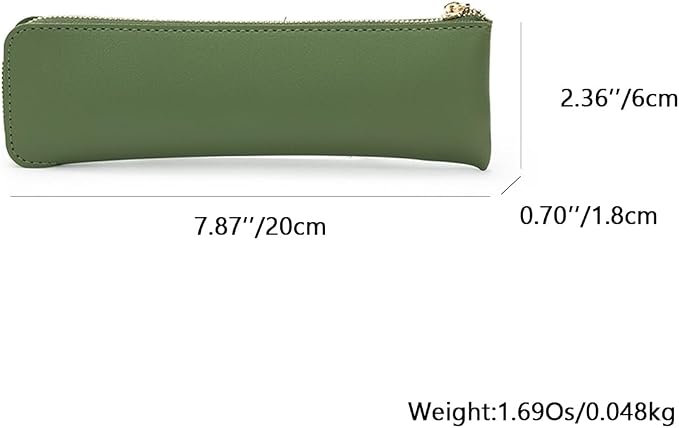 Faux Leather Pencil Case Slim Pencil Pouch Durable Zipper Stationery Bag Small Travel Use（Green/FL）