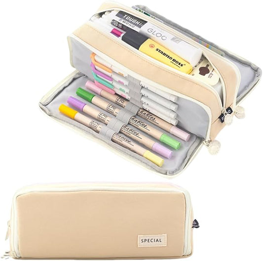 iSuperb 3 Compartments Pencil Case Pouch Big Capacity Pencil Organizer Canvas Holder Oxford Stationery Storage Kids Teen Girls Boys Student School Supplies Cosmetic Makeup Bag
