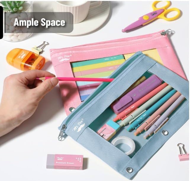 Mr. Pen- Pencil Pouch for 3 Ring Binder, 30 Pack, 10"x6.75", Smooth Zipper | Clear Window, Bulk Large Capacity Pencil Case with 3 Reinforced Grommets for School, Office, Supplies Storage | Clear Window, Bulk Large Capacity Pencil Case with 3 Reinforced...