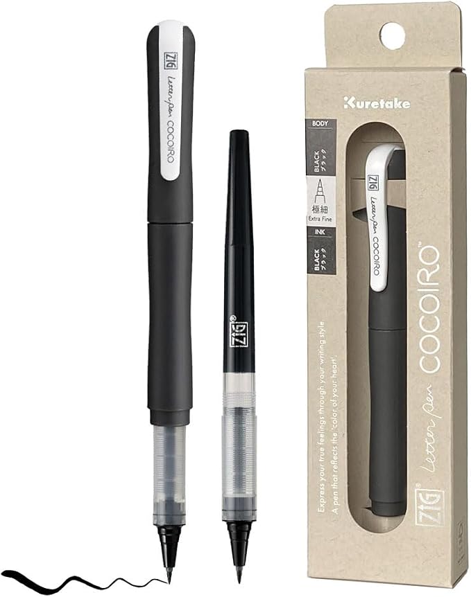 Kuretake ZIG Letter Pen COCOIRO, Body with Black Ink Refill Set, Flexible Extra Fine Brush Tip, Refillable marking Pen for Calligraphy, Hand Lettering, Made in Japan (BLACK, Black)