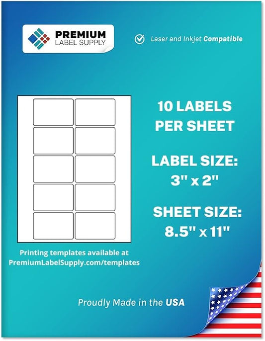 Premium Label Supply White Sticker Product/Shipping Labels – 3" x 2" – Laser/Inkjet Compatible – (10 per Sheet), 500 Sheets – 5,000 Total Adhesive Labels