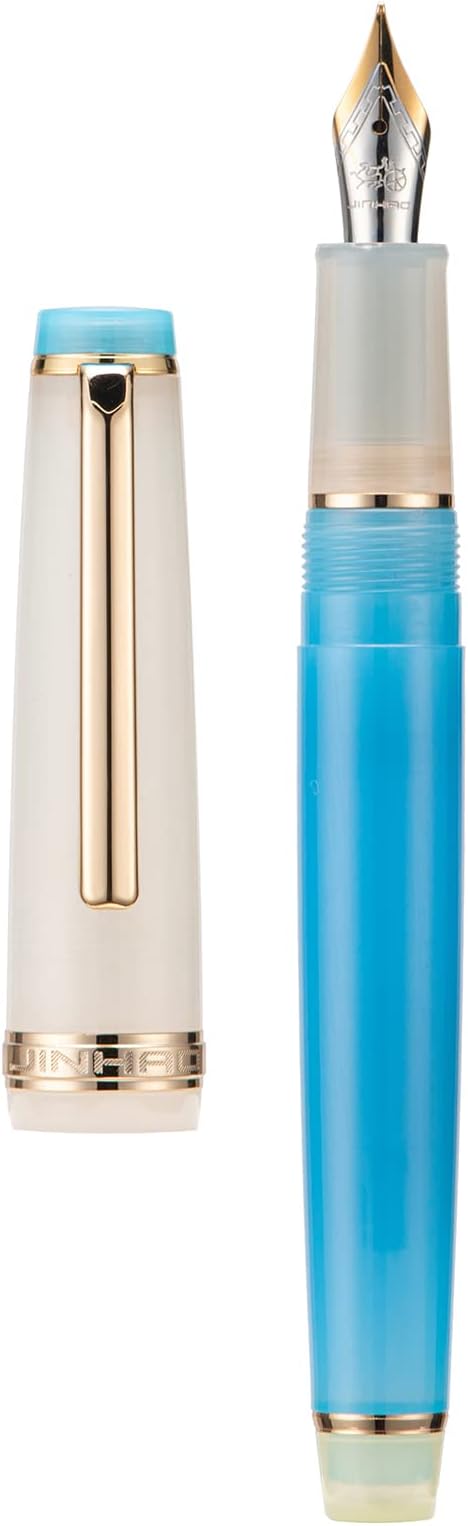 Jinhao 82 Acrylic Fountain Pen, Iridium Fine Nib with Ink Converter, Macaron Aqua Blue Contrast Color Classic Design Smooth Writing Pen (Gold Trim)
