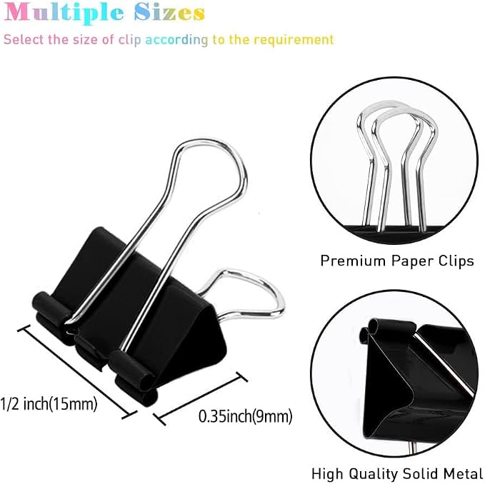 Mini Binder Clips, 144 Pack, 5/8 Inch, Standard 15mm, Black, 0.6 Inch, Mini Paper Clips, Fold Clamp, Capacity 0.23 Inch, Office Supplies, Micro Binder Clips.
