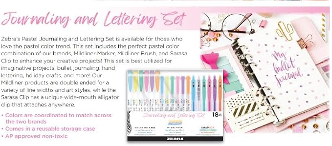 Zebra Pen Journaling and Lettering Set, 18-Pack Pastel Colors, Includes 6 Mildliner Highlighters, 6 Brush Pens, and 6 Sarasa Clip Gel Pens, Ideal for Creative Planning and Hand Lettering (76018)