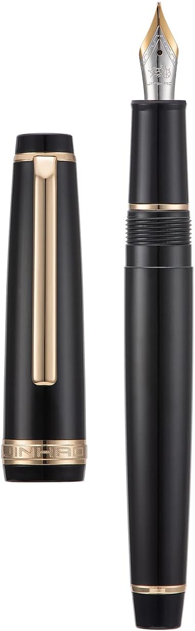 Jinhao 82 Black Acrylic Fountain Pen, Iridium Fine Nib Classic Design Smooth Writing Pen with Ink Converter (Gold Trim)