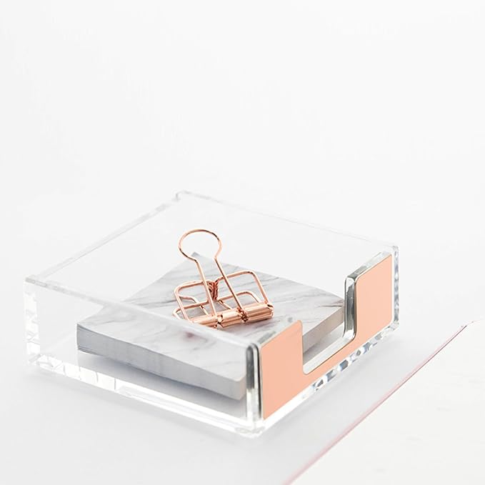 NatSumeBasics Rose Gold Clear Acrylic Sticky Note Holder, Desktop Memo Cube Holder Note Pad Dispenser, Aesthetic Desk & Office Accessories