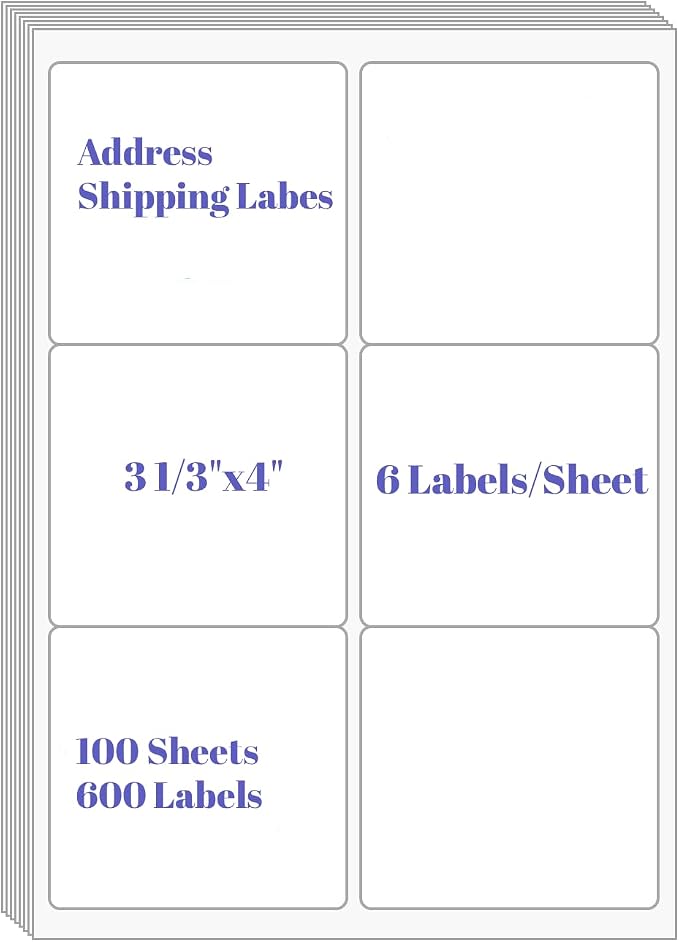 3-1/3" x 4"Address Labels, 600 Adhesive Shipping Labels for Laser/Inkjet Printer, Mailing Labels, 100 Sheets 6 up Labels White Sticker Paper for Printers, Packages, FBA & Shipping Boxes | Mailing Labels, Self Adhesive White Sticker Paper, Blank Mailing...