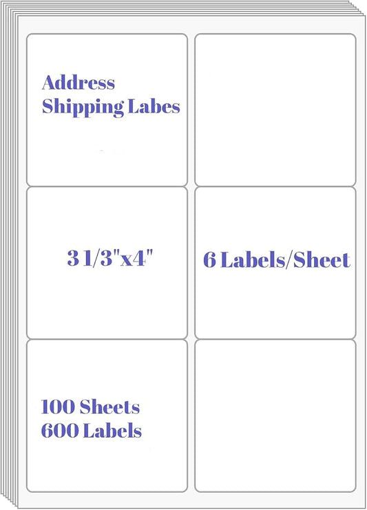 3-1/3" x 4"Address Labels, 600 Adhesive Shipping Labels for Laser/Inkjet Printer, Mailing Labels, 100 Sheets 6 up Labels White Sticker Paper for Printers, Packages, FBA & Shipping Boxes | Mailing Labels, Self Adhesive White Sticker Paper, Blank Mailing...