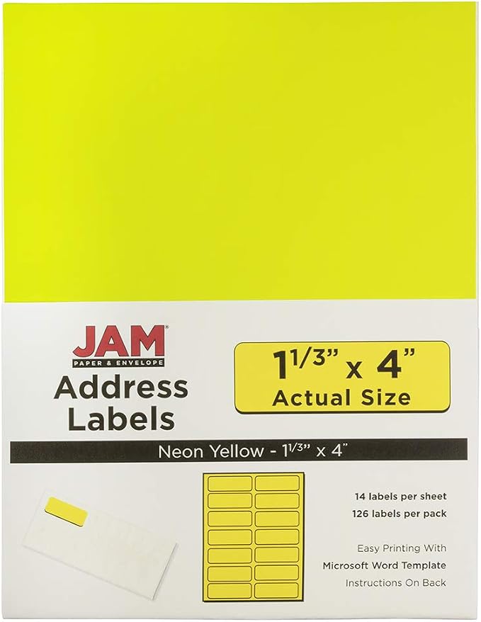 JAM PAPER Shipping Address Labels - Rectangular - 1 1/3 x 4 - Neon Yellow - 126/pack