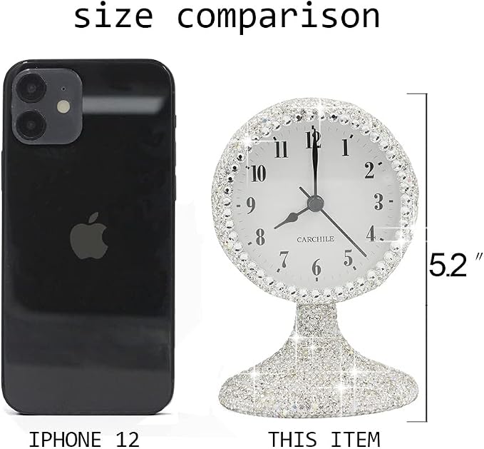 Luxury Rhinestone Small Alarm Desk Table Clock Morning Call Handmade Fashion Design for Bedroom Houseroom Living Room Cute As Gift AR (Silver)