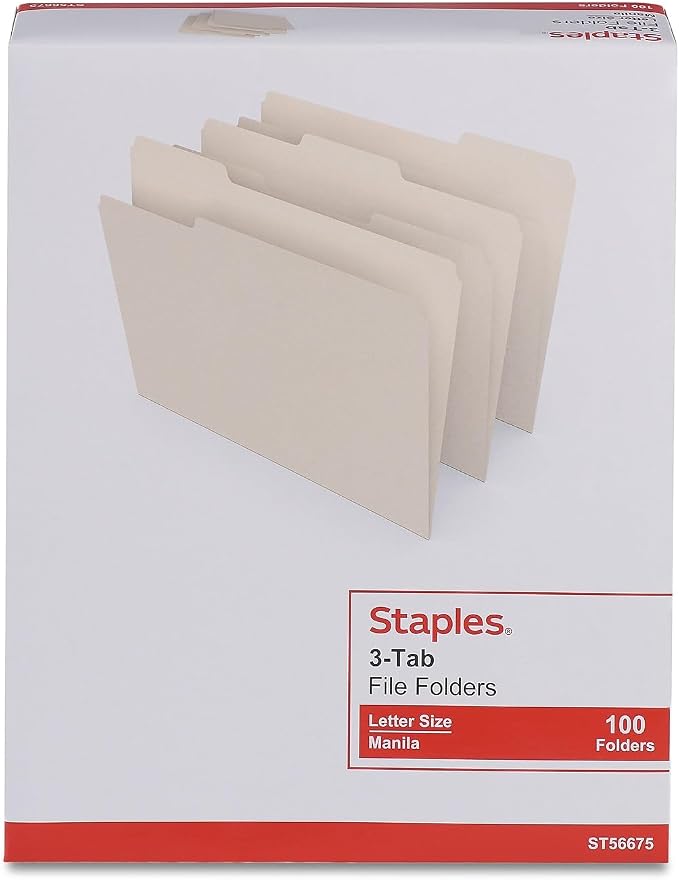 Staples File Folder, Letter Size, Manila, 1/3‑Cut Tab, Durable Paper Stock, 200/Carton