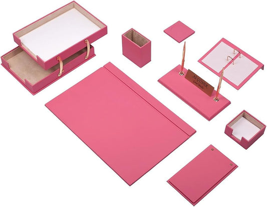 Luna Luxury Leather Desk Set for Men – 10 Piece Executive Office Desk Organizer Set with Document Tray, Desk Pad, Pen Holder, A5 Agenda with Fountain Pen Set – Multiple Color Options (Pink)