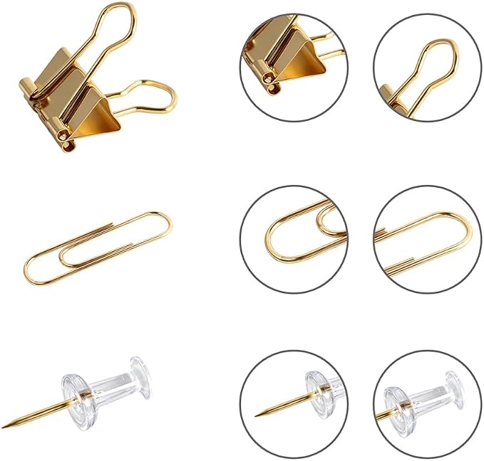 Cute Office Supplies Gold, Paper Clips, Binder Clips and Push Pins Set, Paper Organizer Clips with Storage Box