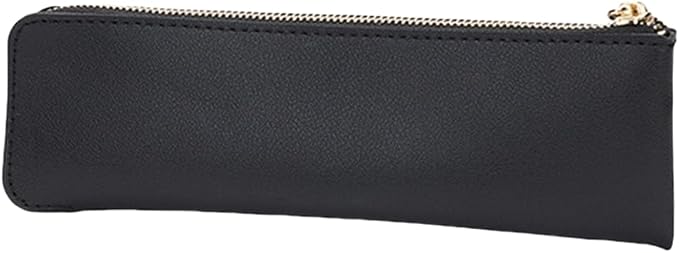 Faux Leather Pencil Case Slim Pencil Pouch Durable Zipper Stationery Bag Small Travel Use（Black/FL）