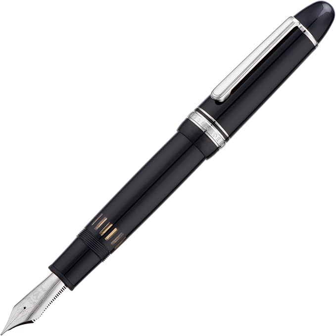 Yongsheng Junlai 930 Acrylic Fountain Pen, Size 9 Fine Nib with Piston Filling System, Piano Black Fence Ink Tank with Torpedo Shape Design Large Hand Pen (Silver Trim)
