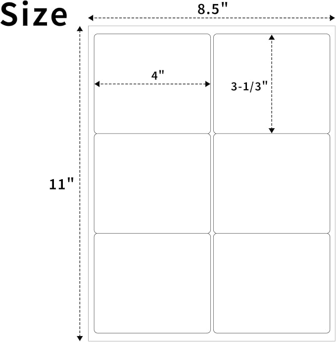 3-1/3" x 4" Shipping Labels,Printable White 6 UP Label for Laser/Inkjet Printers,Self Adhesive 3 1/3 x 4 Matte Mailing Label Stickers(1000 Sheets, 6000 Labels)