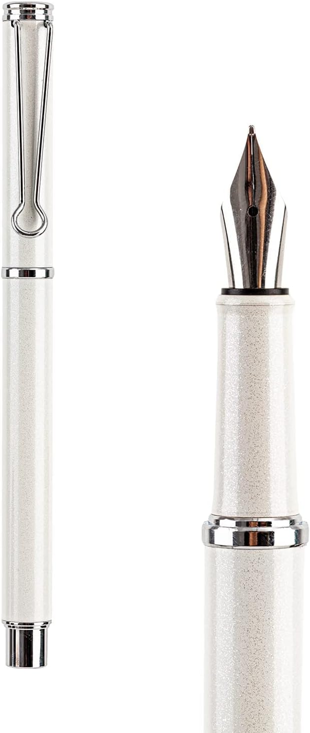 AIHAO Refillable Fountain Pen, Fine Point, Black Ink, 2 Ink Cartridges in one Set, Pear White, Metal Pen