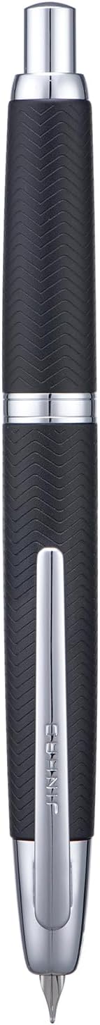 Jinhao 10 Press Fountain Pen with Box, Wavy Matt Black Chromium Retractable Medium Nib with Ink Converter Set (Silver Clip)