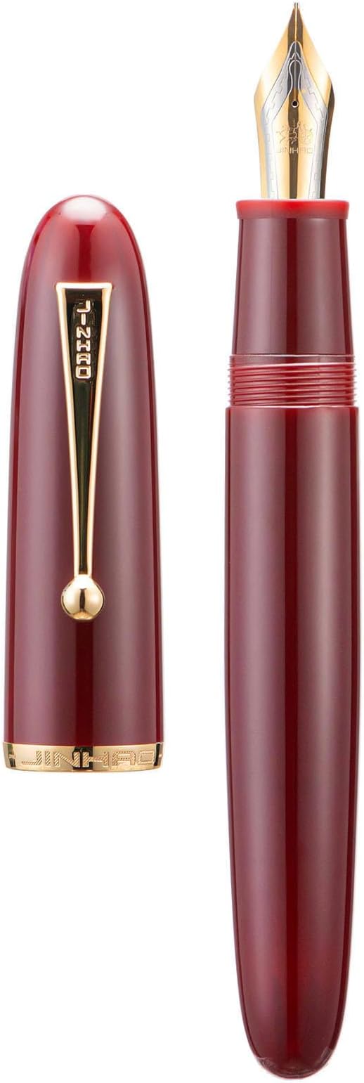 Jinhao 9019 DaDao Series Fountain Pen, Size 8 Medium Nib with Large Ink Converter, Wine Red Acrylic Design Smooth Writing Pen (Gold Trim)