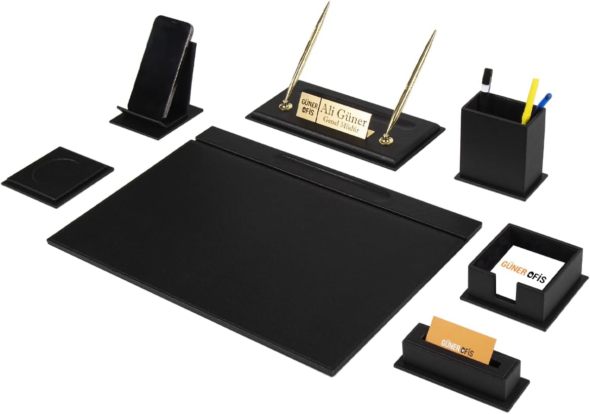 Luna Luxury Leather Desk Set – 9 Piece Executive Desk Organizer with Desk Pad, Fountain Pen Set, Pen Holder & A5 Note Case – Professional Office Desk Accessories – Multiple Colors (Black)