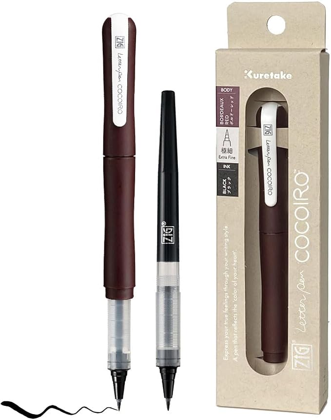 Kuretake ZIG Letter Pen COCOIRO, Body with Black Ink Refill Set, Flexible Extra Fine Brush Tip, Refillable marking Pen for Calligraphy, Hand Lettering, Made in Japan (BORDEAUX RED, Black)