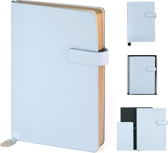 A5 Soft Cover Lined Notebook, Pen Holder & Gold Edges, 180° Lay Flat Journal, Large 5.7 x 8.4 in, Bookmark & Gift Box, Business Notebook for Work, Study, Travel(Light Blue)