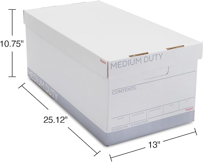 STAPLES Storage & Filing Box, Medium-Duty with Handles & Removeable Lid, Letter Size Documents, Stackable, 12-Pack, White/Gray