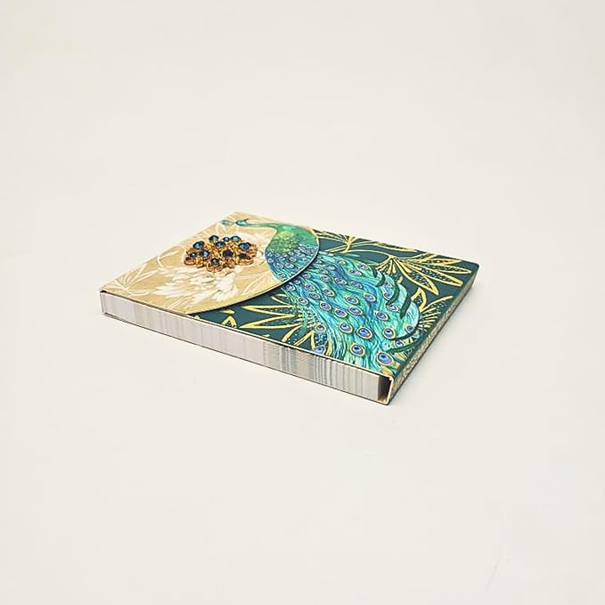 Punch Studio Flip-Top Notepad For Daily Notes or Notes on-the-go, with Magnetic Closure, Brooch Embellishment, Gold-Foil Accents & 75 Illustrated Sheets, 5" x 3.75" - Emerald Peacock (44667)