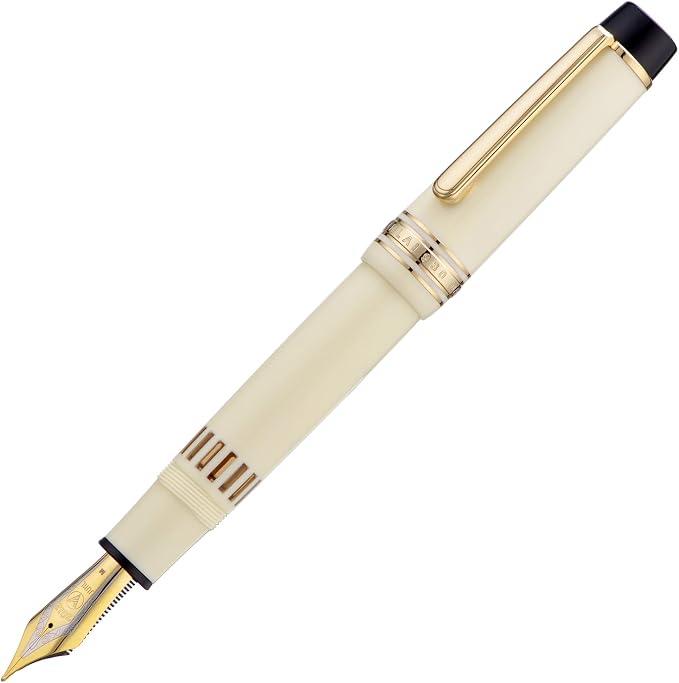 Wikult Yongsheng Junlai 930 Acrylic Fountain Pen, Size 9 Fine Nib with Piston Filling System, Ivory White Fence Ink Tank with Flat Top Design Smooth Writing Pen (Gold Trim)