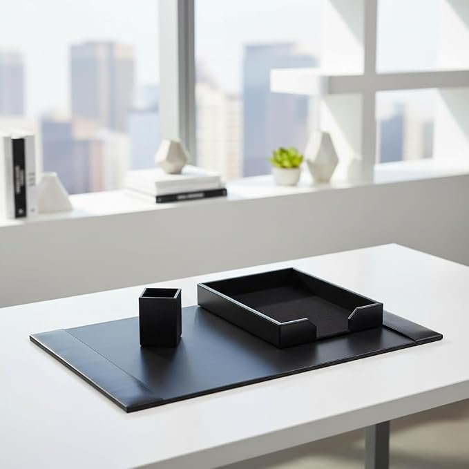 Dacasso Black Bonded Leather Luxury 3 Piece Desk Set - Blotter Pad & Desk Mat Organization Essentials - Executive Decor and Surface Protector