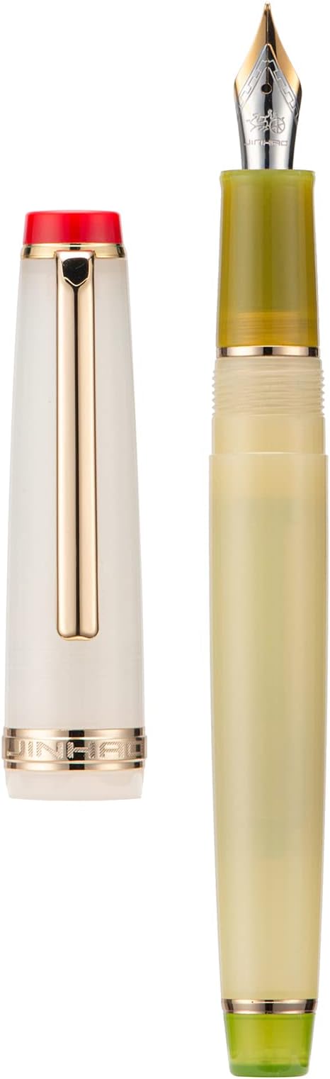 Jinhao 82 Acrylic Fountain Pen, Iridium Fine Nib with Ink Converter, Vintage Cream White Contrast Color Classic Design Smooth Writing Pen (Gold Trim)