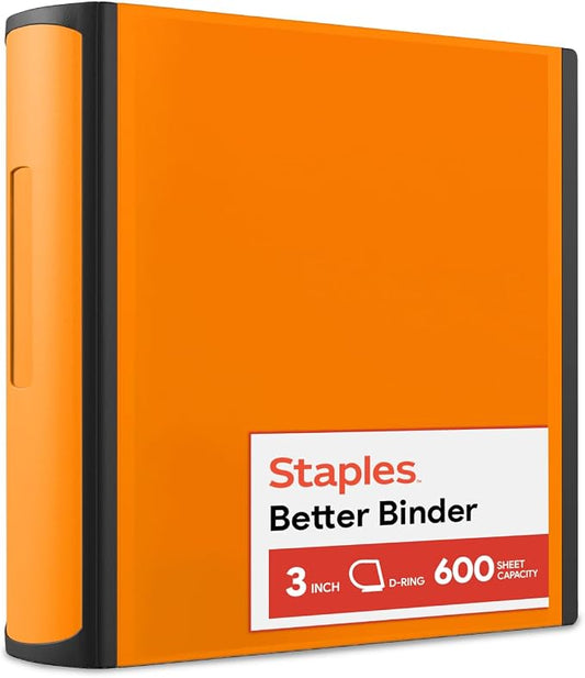 Staples 3" D‑Ring Heavy‑Duty View Binder, Orange, Durable 3‑Ring Binder with Reinforced Construction, Holds Up to 600 Sheets for School & Office