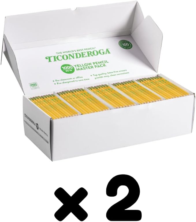Ticonderoga Wood-Cased Pencils, Pre-Sharpened, 1000/Box, 2 Boxes | 2 HB Soft, Yellow, 2000 Pencils Total, X13100