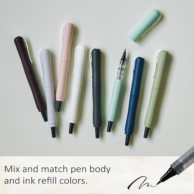 Kuretake ZIG Letter Pen COCOIRO, Body with Black Ink Refill Set, Flexible Extra Fine Brush Tip, Refillable marking Pen for Calligraphy, Hand Lettering, Made in Japan (FOG GRAY, Black)