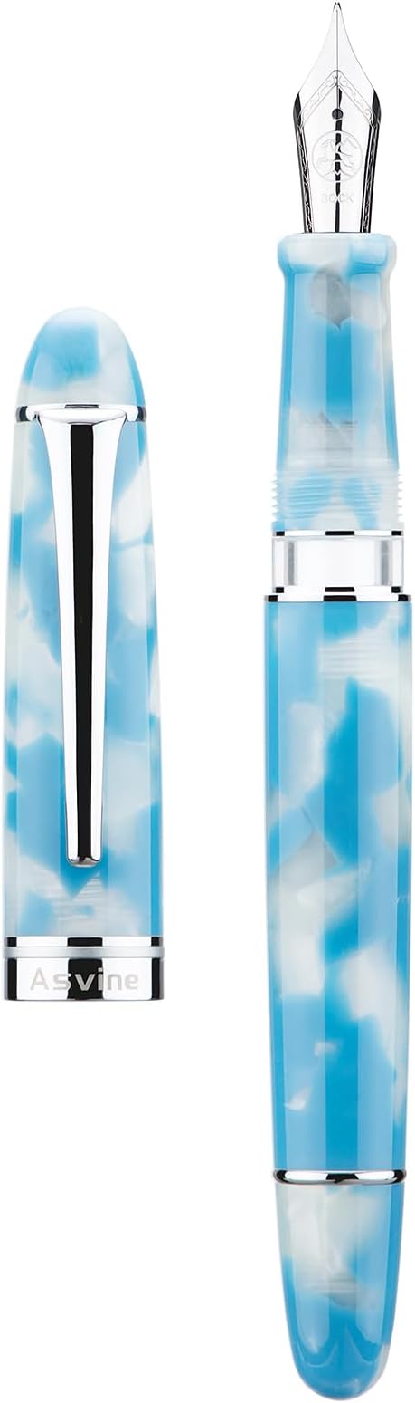 Asvine P50 Piston Fountain Pen Bock Fine Nib Sky Blue Resin, Silver Trim Smooth Writer Collection with Pen Case Gift Set