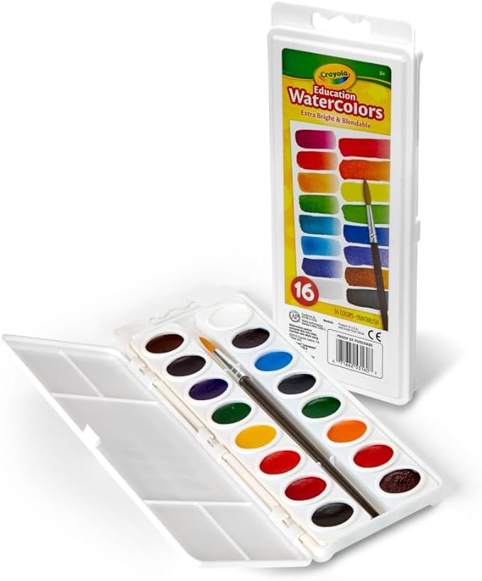 Crayola Watercolor Paint Set (16 Count), School Supplies Essentials, Washable Paint for Kids, 1 Paint Brush, Arts & Crafts, Assorted Colors, Ages 4+