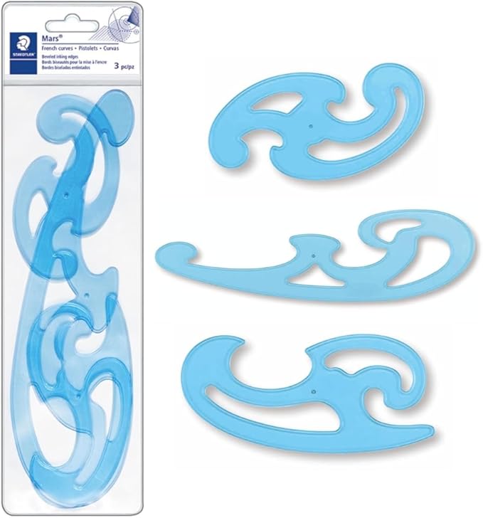 STAEDTLER Mars Professional French Curve Design Ruler Set for Pattern Making 12-Pack (6 Sets of 3 pcs), 3 Essential A B C Shapes, Blue Transparent Plastic with Inking Edge, 18 Count