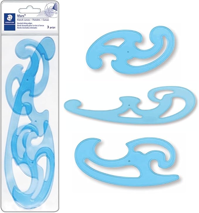STAEDTLER Mars Professional French Curve Design Ruler Set for Pattern Making 18-Pack (18 Sets of 3 pcs), 3 Essential A B C Shapes, Blue Transparent Plastic with Inking Edge, 54 Count