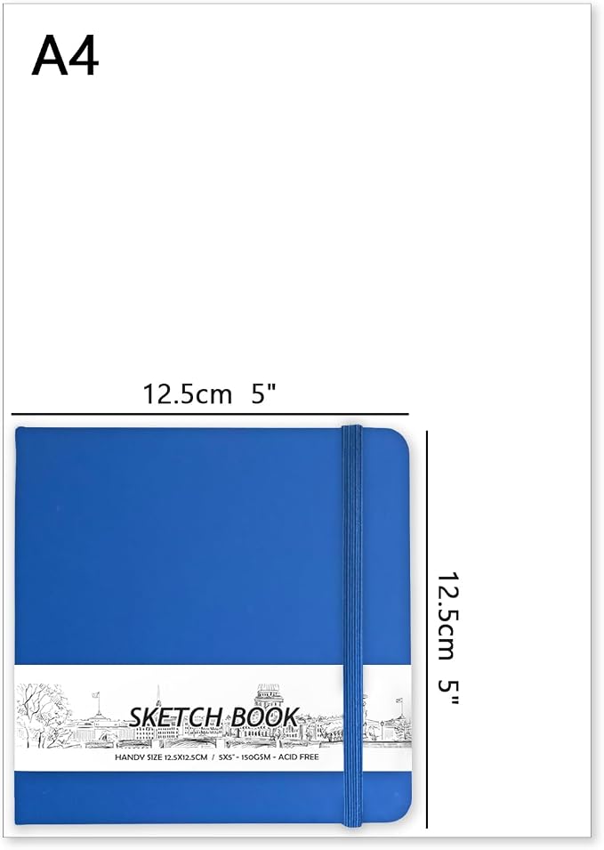 5" x 5" Hardcover Sketch Book,Small Mixed Media Sketch Pad,58 Sheets 150GSM Acid-Free Artist Drawing Paper,Travel Journal Blank Notebook for Adults Painting,Illustration,Art Supplies.Navy Blue